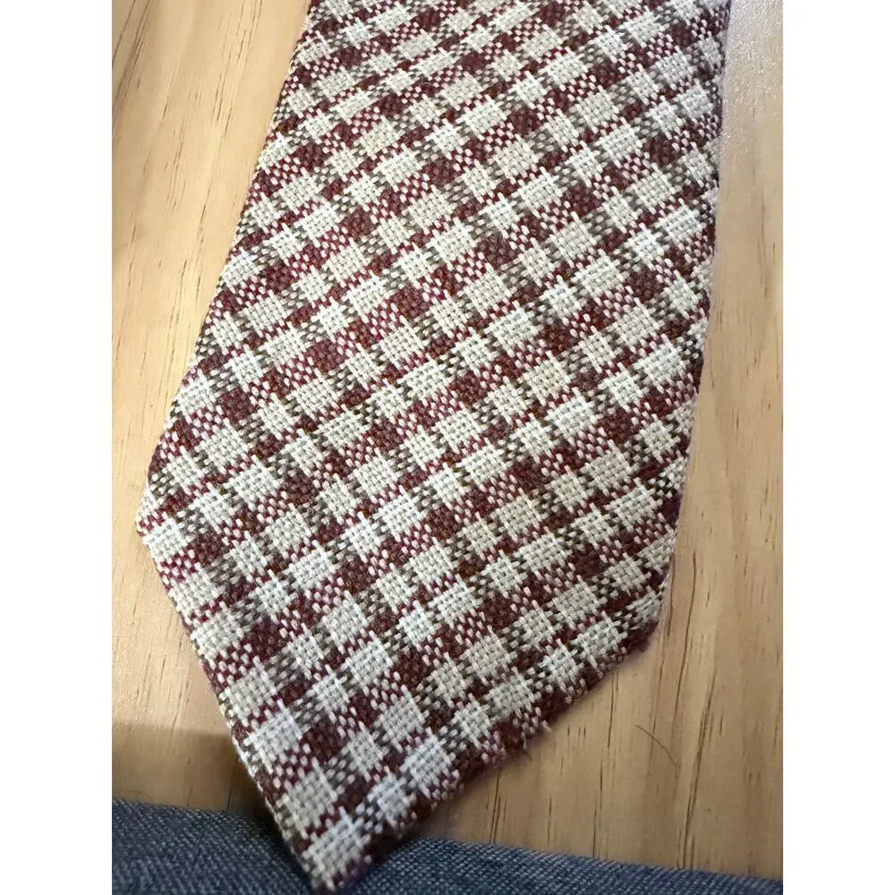 Pure New Wool Necktie Brown Cream Glen Plaid Check Woolmark Mens Tie